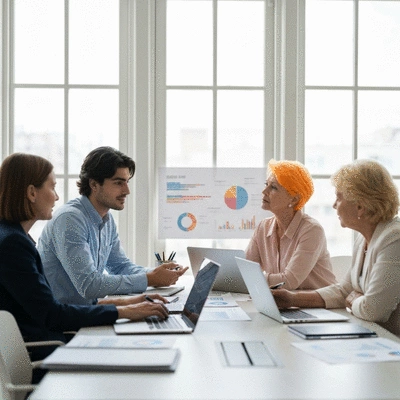 Team of SEO specialists collaborating in a modern office, showing teamwork and strategy, clean image