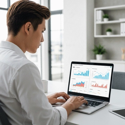 Person using a laptop with SEO analytics on screen, showing growth charts and keywords, in a modern office setting, no text, no words, no typography, 8K