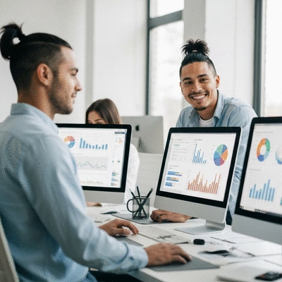 Professional SEO agency team collaborating in a modern office, focusing on local market data for Avignon, no text, no words, no typography, 8K