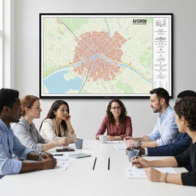 Modern office setting with a diverse team collaborating on local SEO strategies, Avignon city map visible on a large screen, no text, no words, no typography, clean image