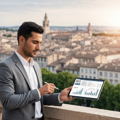 Business owner reviewing SEO analytics on a tablet, with Avignon cityscape in the background